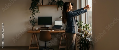 Young woman with long dark hair and medium skin tone stretching at her home office desk, reaching toward window with arm extended, wearing casual blazer, taking break from work.