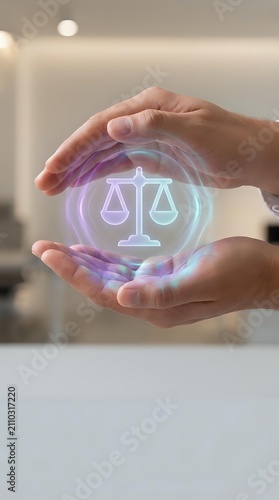 Hands holding glowing neon scales of justice symbol with purple and cyan light effects, representing legal services, law, compliance, and ethical business practices.