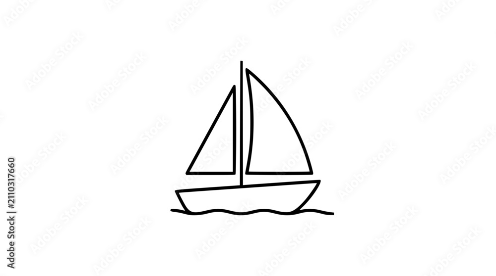 Fototapeta premium A simple black line art vector icon of a sailboat with two sails floating on wavy water lines, depicting sailing, travel, and maritime themes in a clean, minimalist, and scalable illustration style.