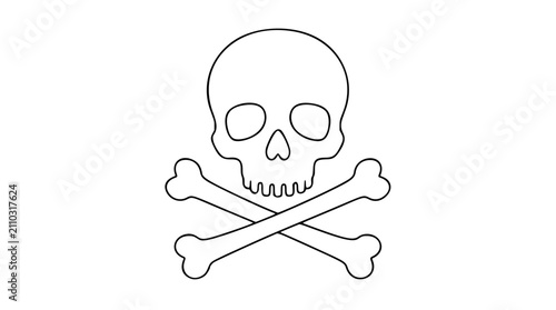 Minimalist vector illustration of skull and crossbones symbol, hand-drawn outline icon representing piracy, danger, poison, mortality, death and warning in clean simple line art style for graphic