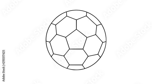 Minimalist vector icon of classic soccer ball with hexagonal pattern, clean line art illustration for sports equipment, football game, athletic activities and team play, scalable outline design