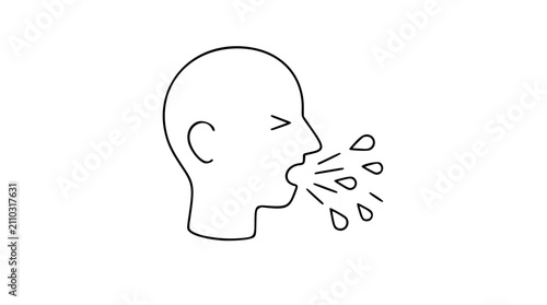 Minimalist vector icon of human head with sneeze droplets, clean line art illustration for health warning, hygiene awareness, respiratory safety and disease prevention, scalable outline design