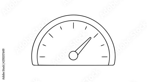 Minimalist vector icon of speedometer gauge with needle pointer and tick marks, automotive dashboard speed control instrument, performance indicator, clean outline line art illustration