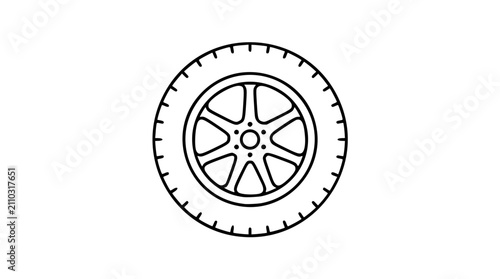 A minimalist black and white vector icon illustration of a single car wheel with a five-spoke rim and detailed tire tread pattern, perfect for automotive design, transport concepts, and mechanical