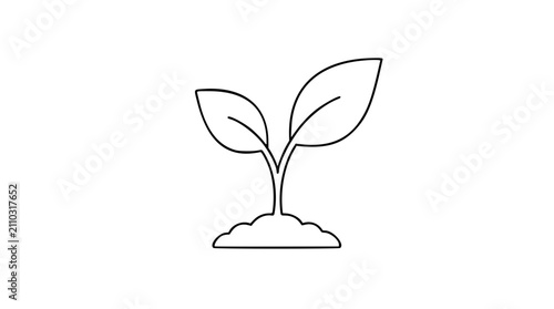 A minimalist black line art vector icon of a young sprouting plant with two leaves emerging from a mound of soil, representing growth, nature, and new beginnings in a clean, scalable design style.