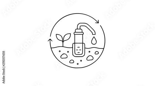 Minimalist vector icon of soil remediation and water treatment with recycling symbol, green seedling, test tube and water droplet, environmental cleanup concept, clean outline line art illustration