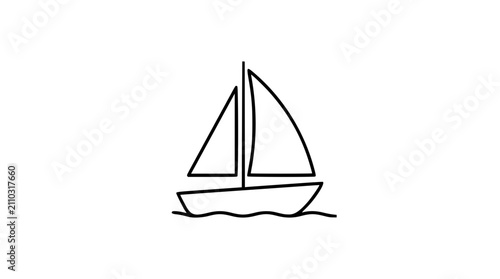 A simple black line art vector icon of a sailboat with two sails floating on wavy water lines, depicting sailing, travel, and maritime themes in a clean, minimalist, and scalable illustration style.
