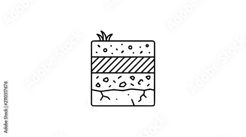 Minimalist Vector Icon of Soil Layer Cross Section with Grass and Rocks, Hand-Drawn Line Art Illustration for Environmental Education, Geology Design Projects and Agricultural Science