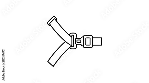Minimalist vector icon of car seatbelt safety harness with buckle, hand-drawn line art illustration isolated on white background, scalable outline design for automotive safety signage and