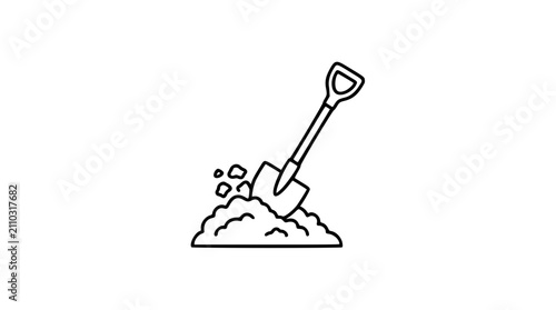 Hand-drawn vector illustration of shovel digging into soil pile with dirt debris, minimalist line art icon isolated on white background, scalable outline design for gardening, construction and