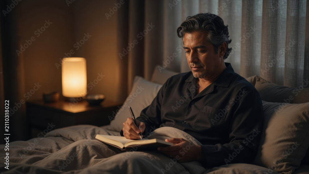 Obraz premium Middle aged man bed night lamp pajama notebook writing curtain warm light relaxation Middle aged man pajama writes notebook bed near warm lamp Sleep hygiene bedroom environment concept