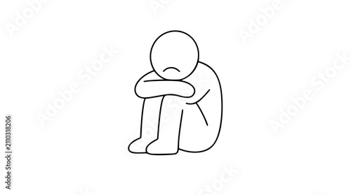 Obraz na płótnie A line art vector illustration of a sad person sitting alone hugging their knees with a frowning face, representing depression, loneliness, anxiety, and emotional distress in a minimalist style