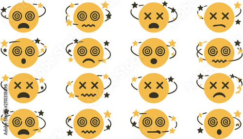 Collection of dizzy yellow face emojis with stars and swirls indicating disorientation and shock.