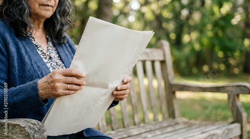 Senior woman with long gray hair and South Asian ethnicity reading newspaper outdoors on wooden bench in garden setting, lifestyle and leisure concept for mature adults.