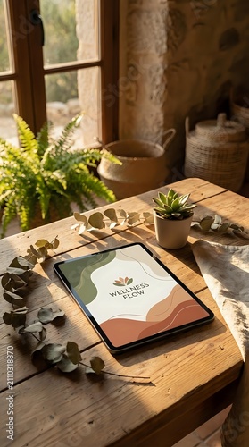 Tablet mockup on wooden desk with succulent plant, fern, and eucalyptus branches in warm sunlight from window, suitable for wellness and lifestyle branding presentations.