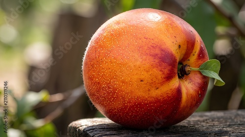 A vivid macro photograph of a ripe nectarine resting on rough wooden bark, showcasing smooth golden-red skin with tiny speckles and a fresh green leaf, set against a blurred green orchard background