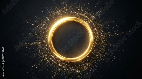 Radiant golden circular halo emitting bright light and fine glitter particles against a deep dark textured backdrop, symbolizing magic, luxury, and divine energy in a high-contrast composition.