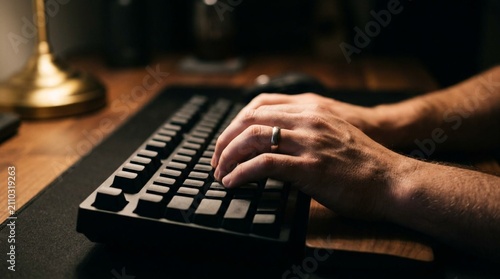 A close-up view of a person's hands typing rapidly on a black mechanical keyboard with white keycaps on a wooden desk, illuminated by warm lamp light, suggesting productivity and office work.