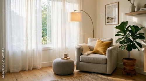 A cozy modern living room interior featuring a soft grey armchair with a yellow cushion, a round ottoman with a coffee mug, an arched floor lamp, sheer white curtains, and a large fiddle leaf fig
