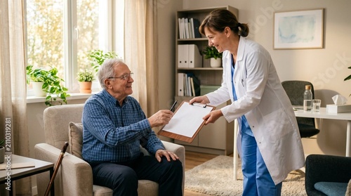 Female Doctor in White Medical Coat Handing Clipboard with Patient Form to Smiling Senior Man During Medical Consultation Seated in Comfortable Armchair in Bright Modern Healthcare Office with Plants