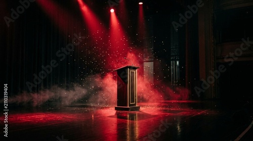Empty wooden stage podium with microphone under dramatic red spotlights, theatrical smoke drifting across floor, golden sparkles, concert hall performance background, copy space for text