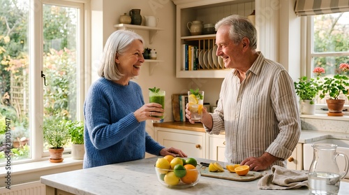 Happy senior couple enjoying green smoothies and fresh citrus lemon water, smiling elderly man and woman toasting wellness drinks together in bright modern kitchen with white marble island countertop