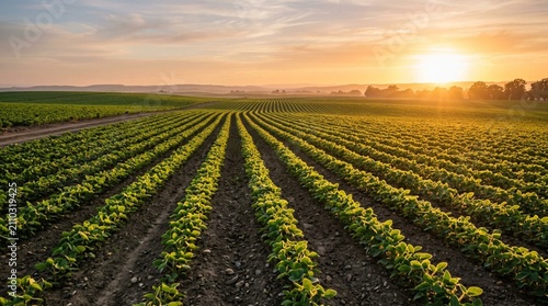 Vast Agricultural Field with Rows of Green Crops at Golden Sunset, Warm Sun Rays Illuminating Young Plants in Rural Farm Landscape, Aerial View of Cultivated Farmland at Dusk, Agriculture Industry