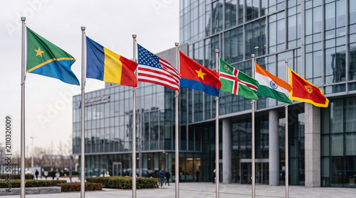 Row of International Flags Waving Outside Modern Corporate Office Building