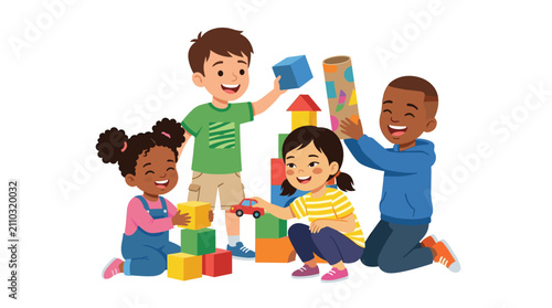 Diverse group of children happily building with blocks and toys