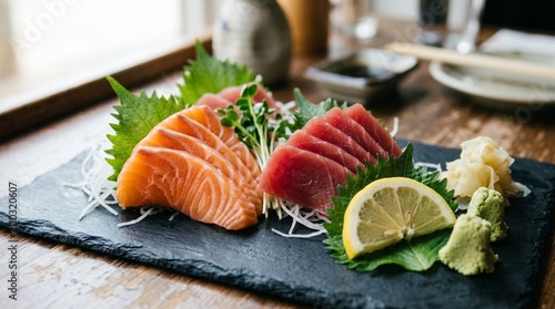 Premium Fresh Sashimi Platter Featuring Paper-Thin Slices of Raw Salmon and Tuna on Black Slate Board with Lemon, Wasabi, Pickled Ginger and Shiso Leaves - Authentic Japanese Cuisine