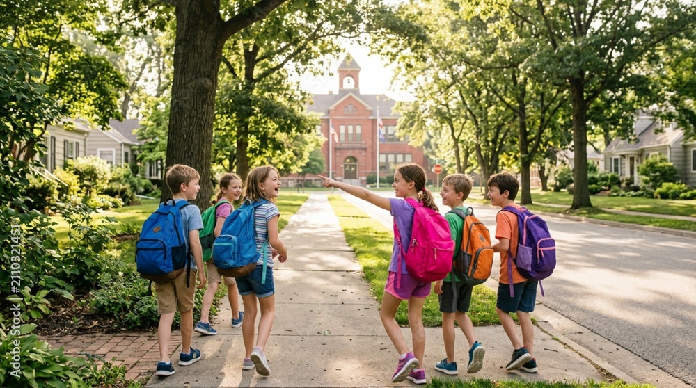Obraz premium Cheerful diverse elementary school children walking with colorful backpacks on suburban sidewalk, pointing toward school building on sunny morning, back to school education concept