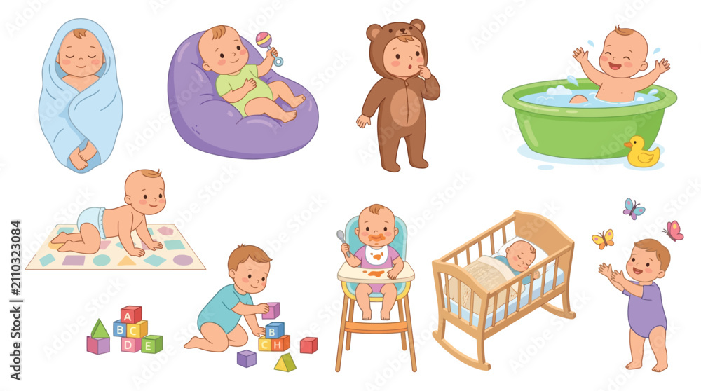 Fototapeta premium Colorful vector illustration showing cute babies engaged in various daily activities like sleeping and playing