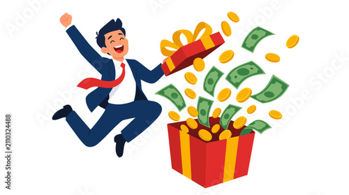 Overjoyed businessman leaping into air as open gift box explodes with cascade of golden coins and green banknotes symbolizing financial triumph windfall and unlimited prosperity