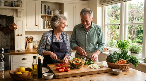 Happy Senior Couple Cooking Together in Kitchen, Chopping Fresh Vegetables on Wooden Cutting Board and Preparing Healthy Salad, Retirement Lifestyle, Domestic Bliss, Healthy Eating, Senior Love