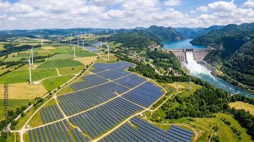 Renewable energy sources: solar panels, wind turbines, and hydroelectric dam for clean power generation