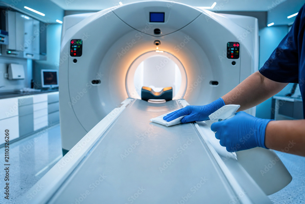 Obraz premium Healthcare worker in blue gloves disinfecting CT scanner patient table with spray bottle and wipe. Hospital hygiene and infection control in radiology. Generative AI.