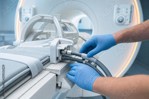 Technician in blue gloves connecting coil cables and plugs at MRI scanner patient table. Setup and maintenance of magnetic resonance imaging equipment. Generative AI.