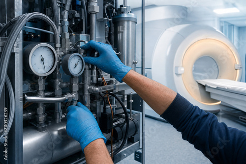 Engineer in blue gloves adjusting pressure gauges on cryogenic cooling system beside MRI scanner. Helium chiller maintenance of medical imaging equipment. Generative AI.