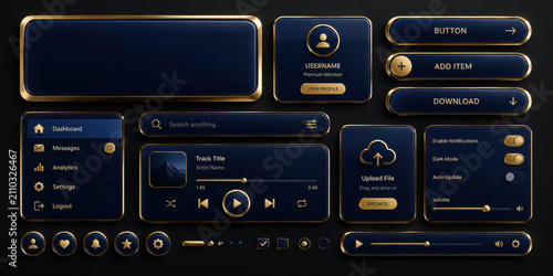 Elegant collection of shiny blue and gold UI elements.