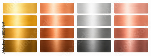 Gold, copper, silver, rose gold gradient swatch set. Brushed foil shades, light to dark horizontal bands. For badge, label, ribbon, frame, banner. Vector metallic texture palette.