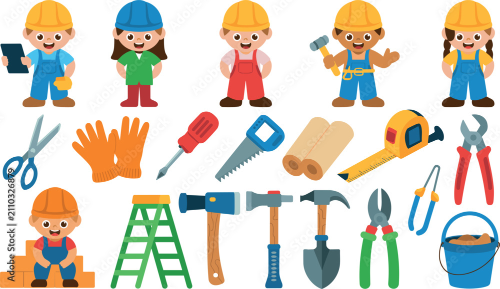 Obraz premium Cute Construction Worker Children and Repair Tools Vector Character Set Featuring Little Builders Helmets Hammer Screwdriver Ladder and Pliers for Educational Graphic Designs