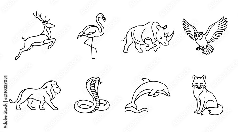 Obraz premium Collection of handdrawn line art animal illustrations including deer flamingo bear eagle lion snake dolphin fox