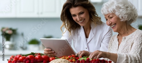 Registered dietitian in a modern kitchen explains healthy food choices to an older woman amidst fresh vegetables, oats, and berries on a clean counter.