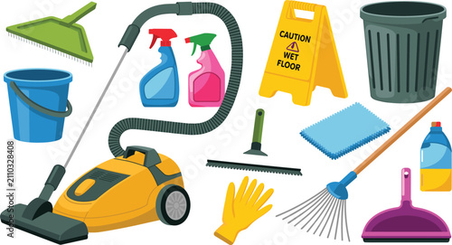 Photos Housekeeping janitorial supply kit vector illustration featuring modern vacuum c