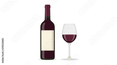 Bottle of red wine and a filled wine glass on a plain for celebration or dining