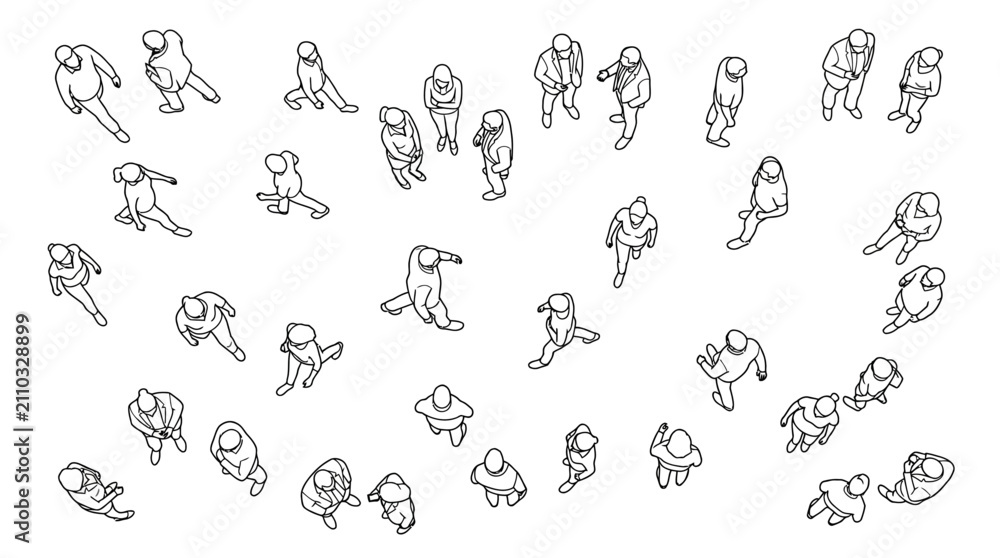 Fototapeta premium a diverse group of people walking and standing captured from an overhead top view ideal for urban planning or infographic elements