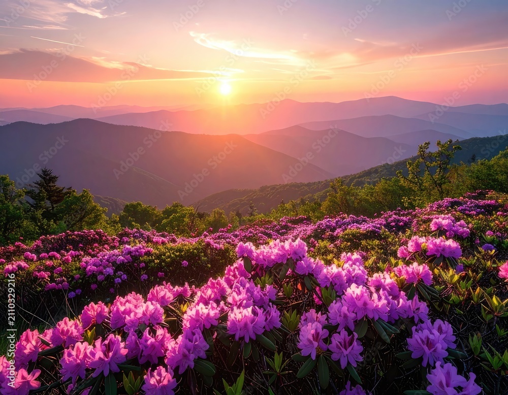 Obraz premium Vibrant rhododendrons bloom on a mountainside at sunset.