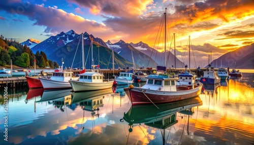 A serene harbor with boats docked against a backdrop of majestic mountains during a vibrant sunset.
