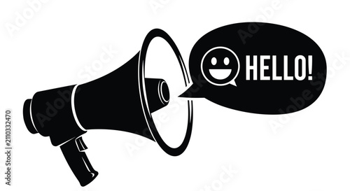 Black Megaphone with Speech Bubble and Smiley Face.