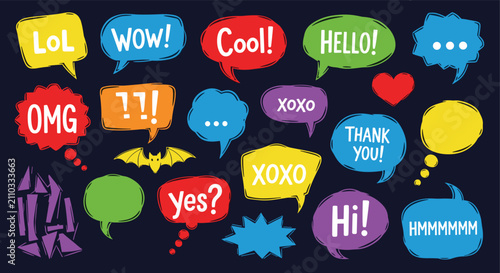Colorful Speech Bubbles with Various Expressions and Messages.